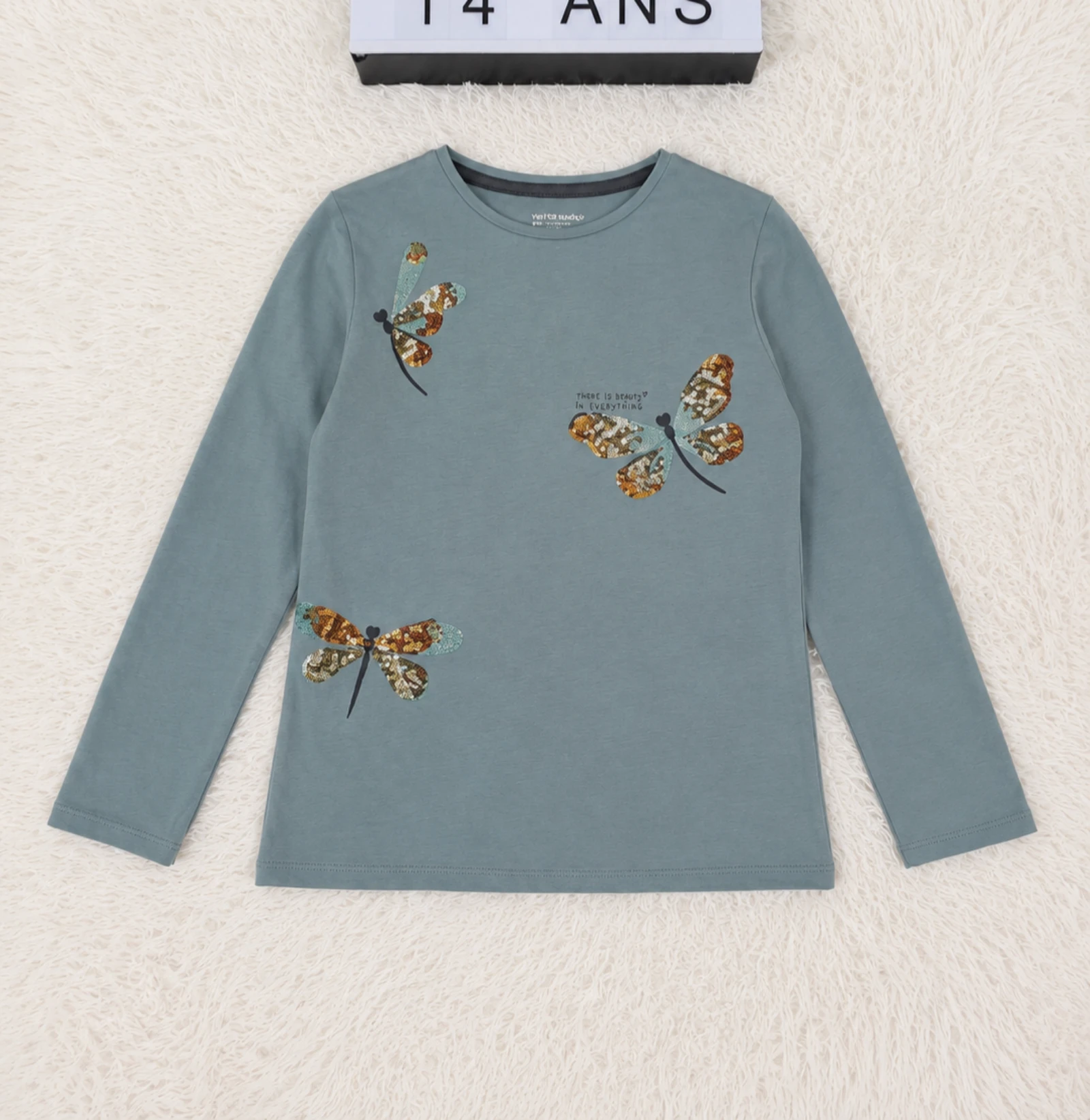 Vertbaudet green grey t-shirt 14 years old dragonflies 👒 – photo 2